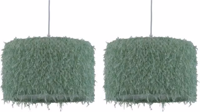 First Choice Lighting Rogers Set of 2 Green Shaggy Fabric Easy Fit Pendant Shades, Diameter: 30 cm
