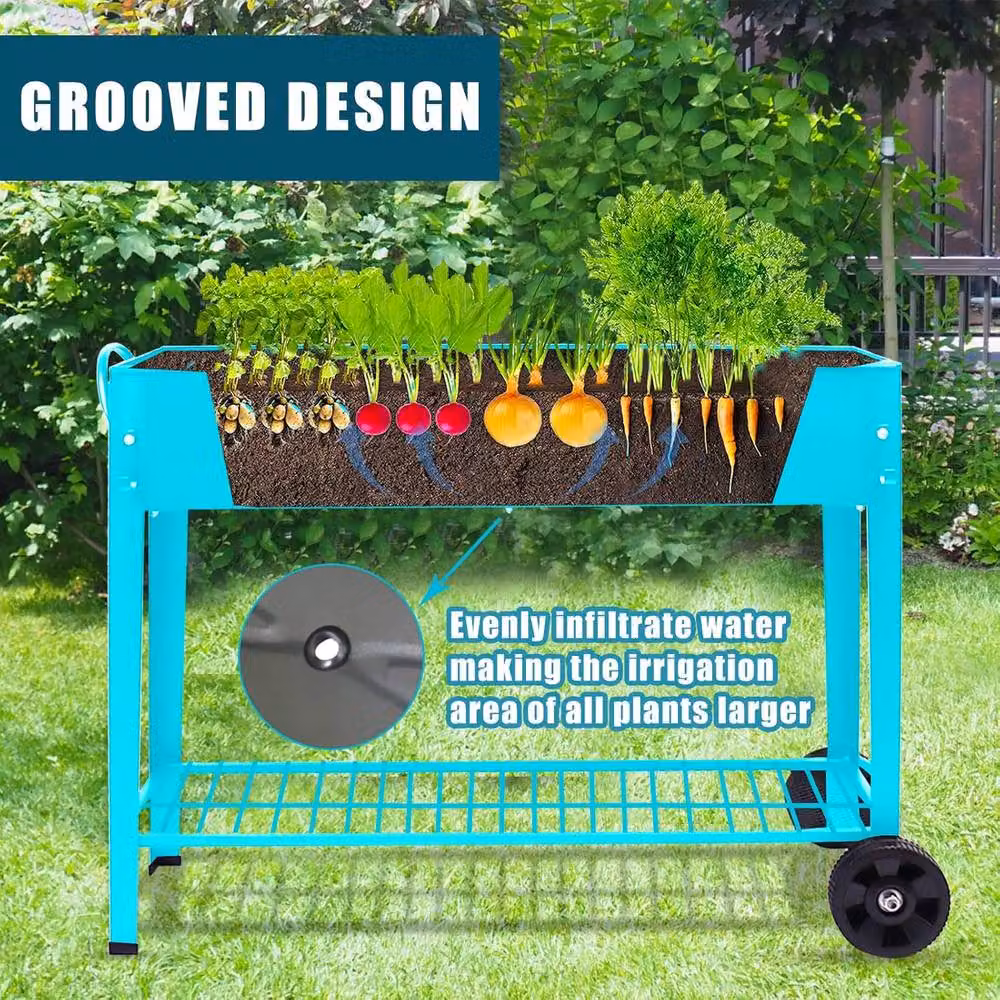 Huhote Sturdy Raised Metal Garden Bed with Legs and Storage Shelf, Blue, W: 101 cm, D: 28 cm, H: 80 cm – 5