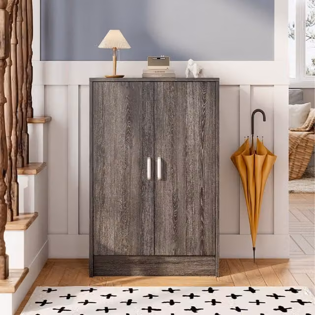 Livingandhome Modern Grey Wooden Shoe Cabinet with Hinged Doors and Internal Shelves