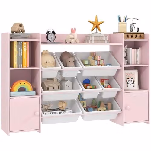 AIYAPLAY Kids Bookshelf and Toy Storage Organiser with 8 Removable Bins, Pink, H 140 x W 90 x D 30 cm – 1