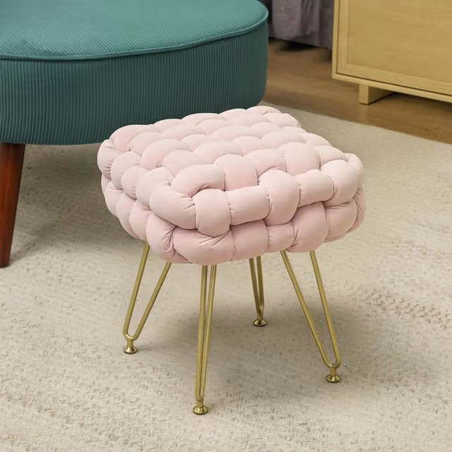 HOMCOM Modern Pink Velvet Cylindrical Foot Stool with Metal Legs