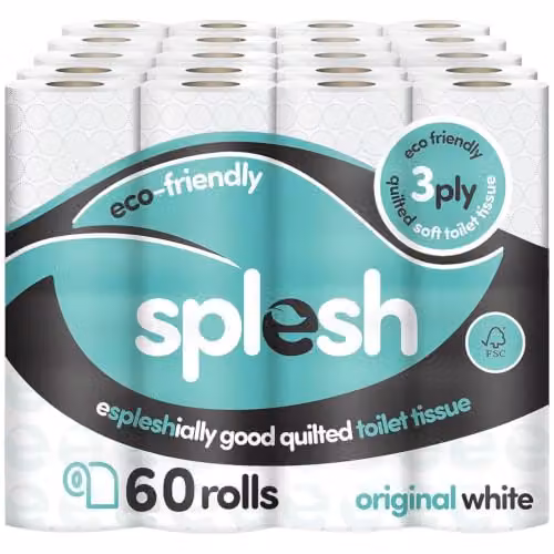 Cusheen Splesh 3-ply Unscented White Toilet Roll, 60 Pack