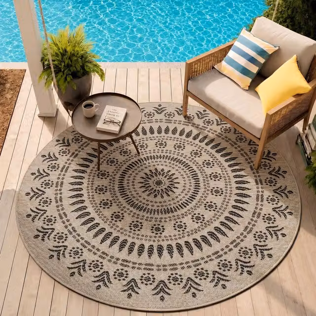 Livabliss Vera Round Boho Style Outdoor Carpet in Black and Beige, Diameter: 100 cm – 1