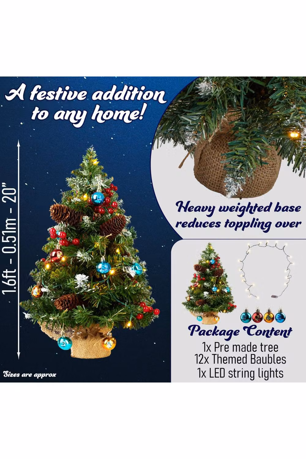 Harry Potter Pre-lit Mini Artificial Tabletop Christmas Tree with 12 Baubles and LED White String Lights, Green and Multicolour – 5