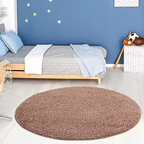 THE RUGS Beige Plain Soft High Pile Shaggy Round Rug, Diameter: 120 cm