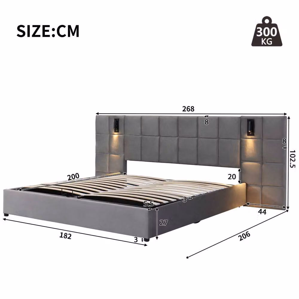 STILVORA Grey Velvet Upholstered Super King Bed with Storage, USB Charging Port and Integrated Reading Light – 4