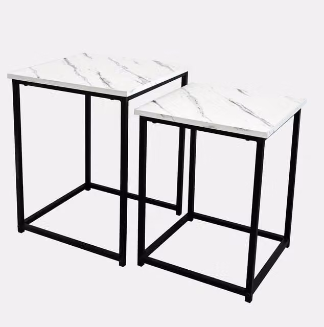 OHS 2 Piece Set of Square White Glossy Wooden Side Tables with Nested Tops