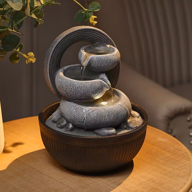 Livingandhome Grey Resin Indoor Tabletop Water Fountain Statue with Warm LED Light, Height: 21 cm