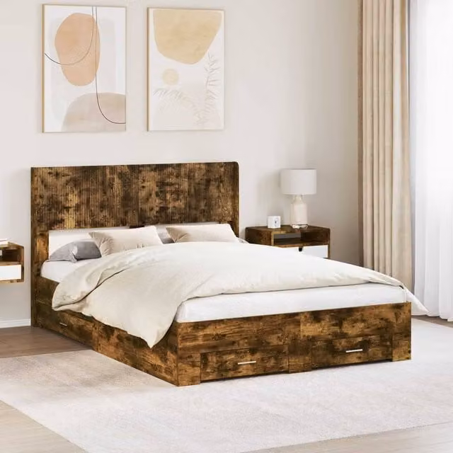 Berkfield Home Modern Bed Frame with Storage Drawers and Headboard in Smoked Oak Brown, W: 120 cm, D: 190 cm – 1