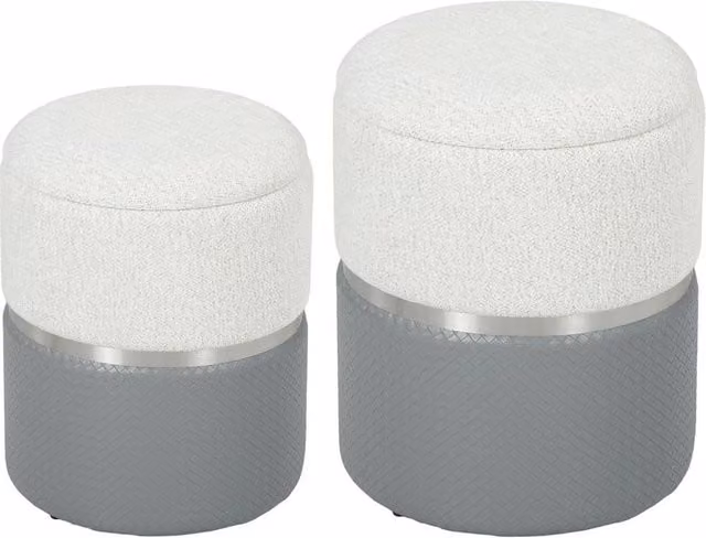 FORGEVIO Set of 2 Round Cylindrical Storage Ottomans in Grey PU Leather