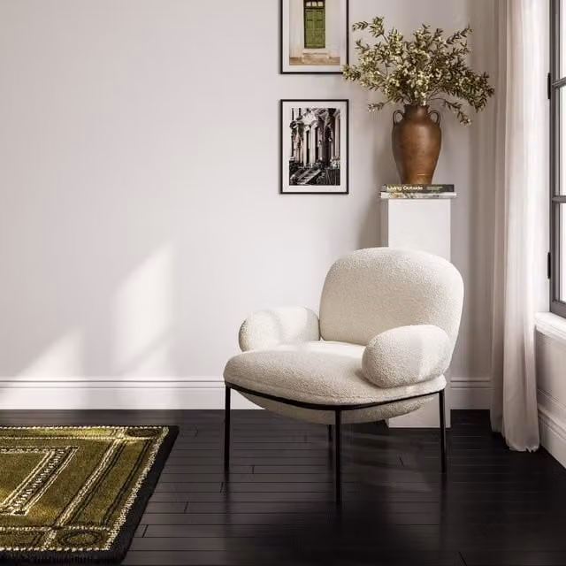 LPD Home Avery Lounge Chair in White Bouclé Fabric with Metal Frame and Armrests