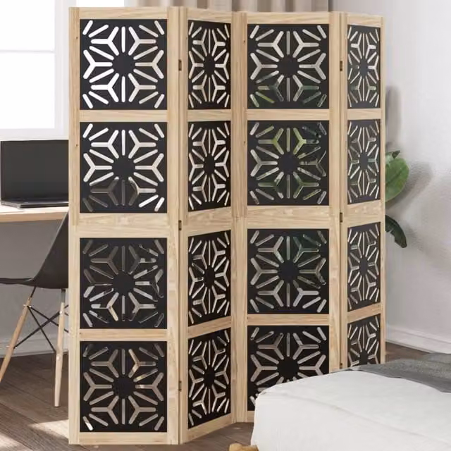 Berkfield Home 4-Panel Geometric Room Divider in Brown and Black Solid Paulownia Wood