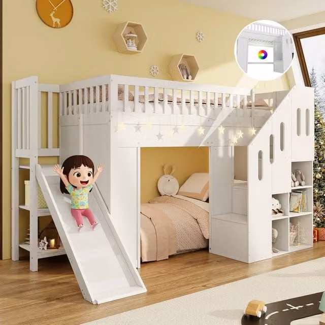 Matteo Multifunctional Childrens Loft Bunk Bed with Stairs and Side Compartments in White