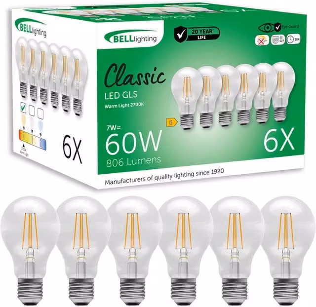 BELL Lighting E27 LED Filament GLS Globe Bulb, Warm White 2700K, 7W, 810 Lumen, Non-Dimmable