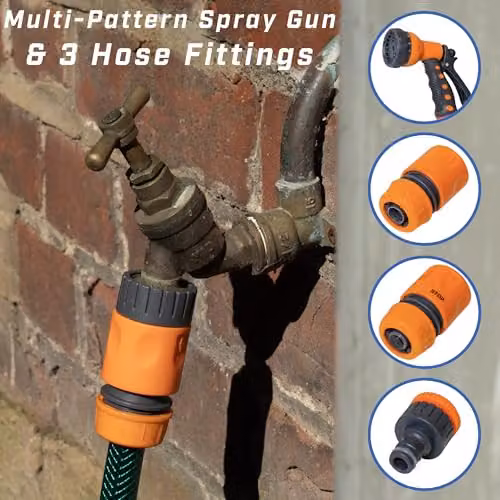 Faithfull Green Reinforced PVC Garden Hose Kit with 3 Fittings and Multipattern Spray Gun, 15m – 4