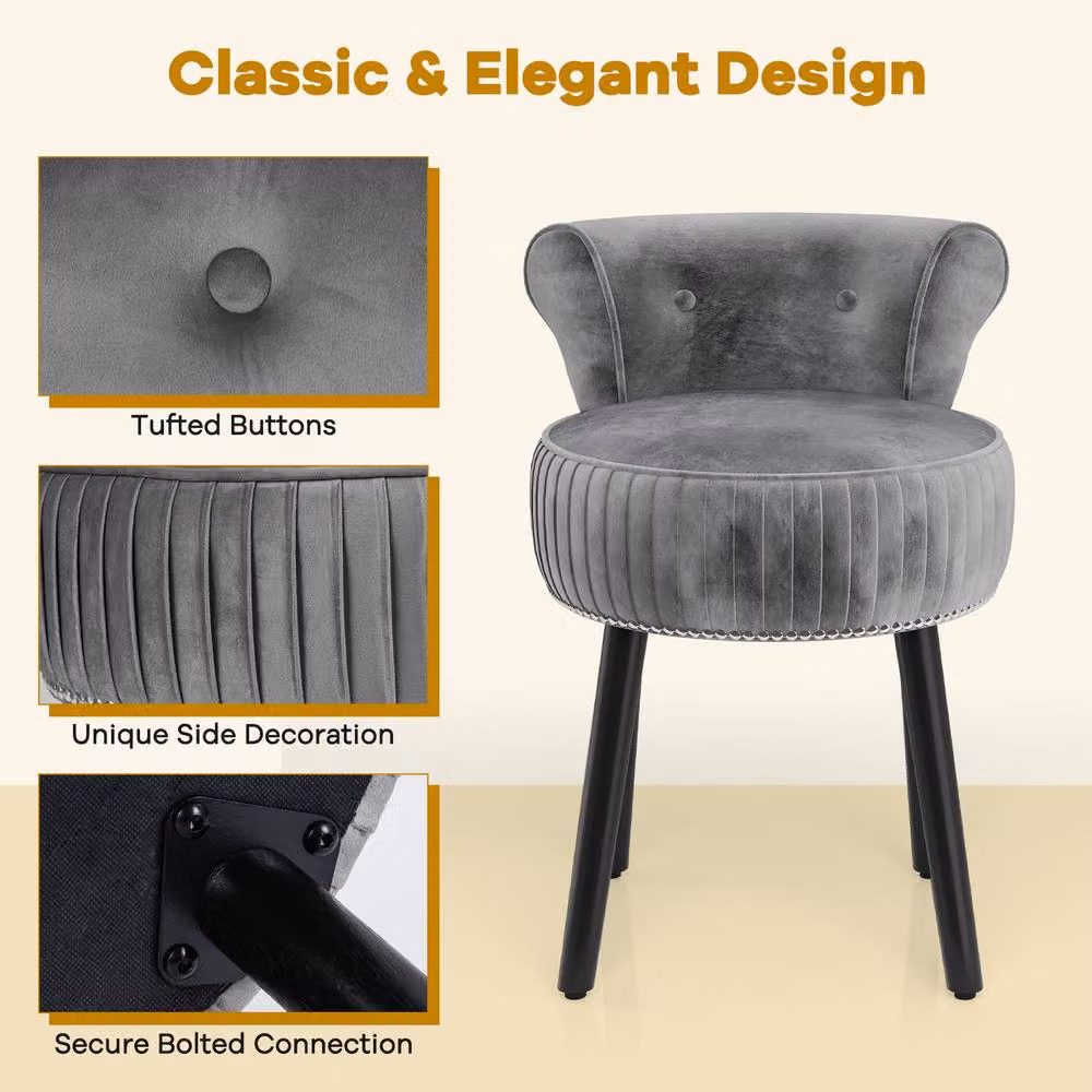 Costway Velvet Tufted Back Upholstered Vanity Makeup Stool in Grey – 6