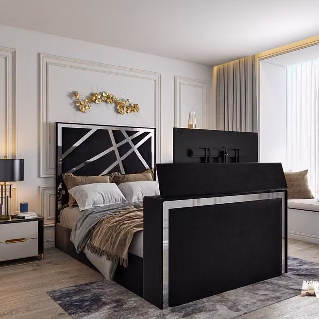 Casani Rayleigh Upholstered Soft Velvet TV Bed Frame in Beige Naple Fabric, W/D/H: 90 x 190 cm