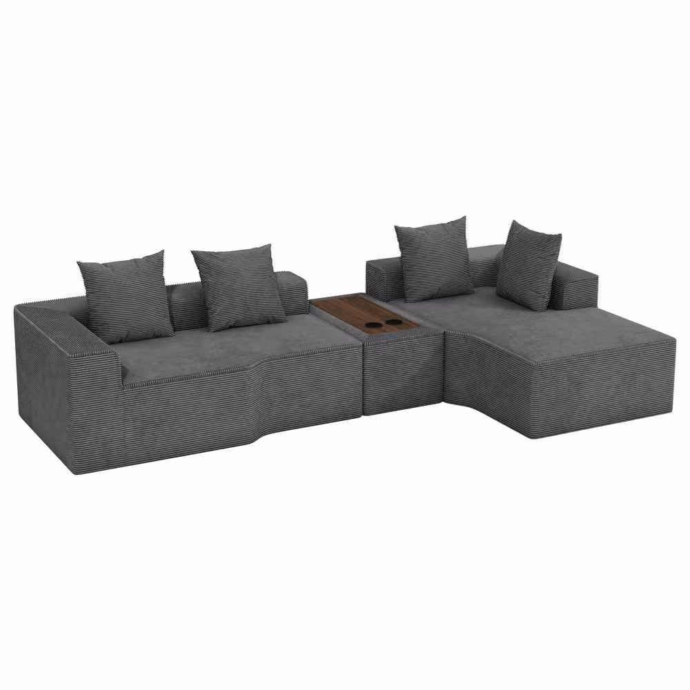 Dprodo Grey Corduroy Right L-Shaped Modular Sofa with Cup Holder Table and Scatter Cushions, 320 cm – 9