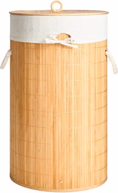 Orsina Kankyo Natural Round Laundry Hamper with Lid and Handles in Brown and Beige Cotton and Bamboo