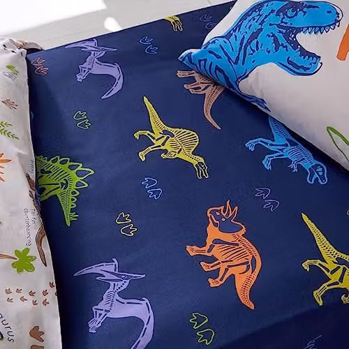 Catherine Lansfield Prehistoric Dinosaurs Single Fitted Sheet, Blue, W/D/H: 90 x 190 cm