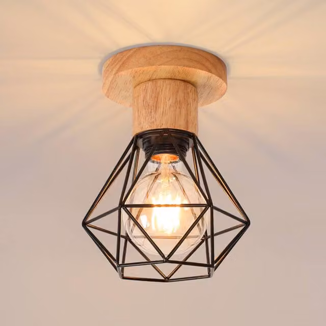 COMELY Industrial Ceiling Light in Black and Wood with E27 Socket