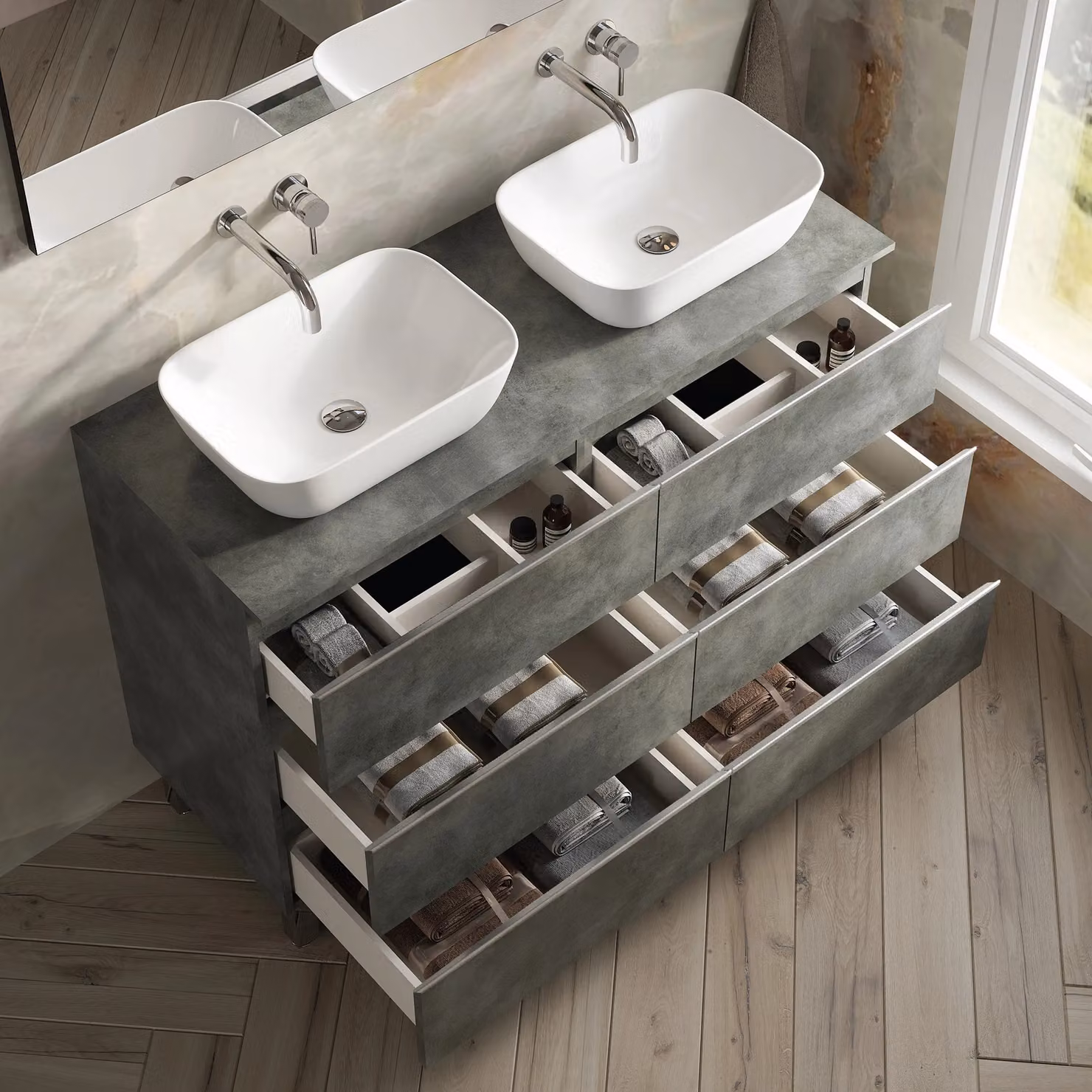 Banyetti Vatilla 1200mm Floorstanding Bathroom Vanity with Matching Worktop, Cemento Grey, W: 120 cm, D: 45 cm, H: 84 cm – 3