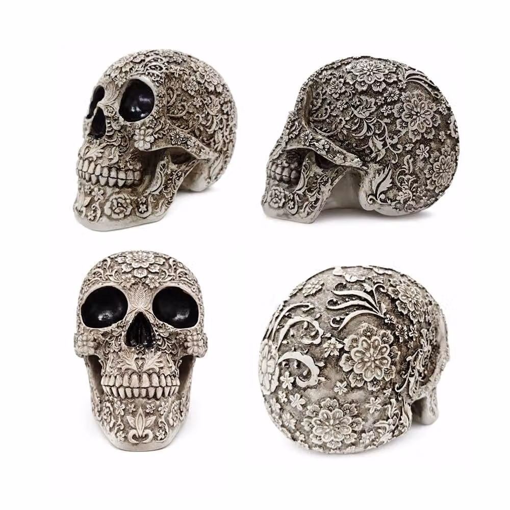 Voltico Gothic Floral Resin Skull Tabletop Decorative Ornament in Beige, Black or Grey, H: 15.5 cm x W: 13.0 cm x D: 13.0 cm – 2