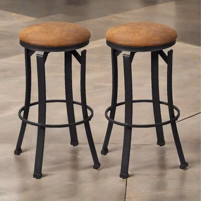 Pirlo Plush Set of 2 Industrial Swivel Bar Stools in Brown with Synthetic Leather and Metal Frame, Height: 72.8 cm