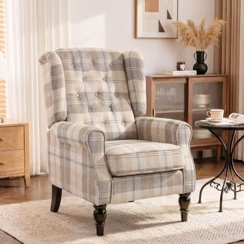 HOMCOM Retro Wingback Accent Chair in Beige Checked Fabric with Solid Wood Frame, W/D/H: 74.0 x 102.0 x 86.0 cm – 1