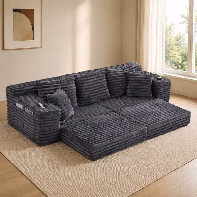 STILVORA Grey Corduroy Click-Clack Sofa Bed with Cup Holders and Scatter Cushions