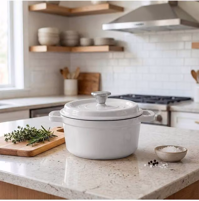 Living and Home Enamelled Cast Iron Dutch Oven Casserole Pot with Glass Lid, White, 6 l