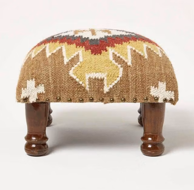 Homescapes Ethnic Geometric Handwoven Kilim Cube Footstool in Brown and Multicolour, W/D/H: 40 x 40 x 40 cm