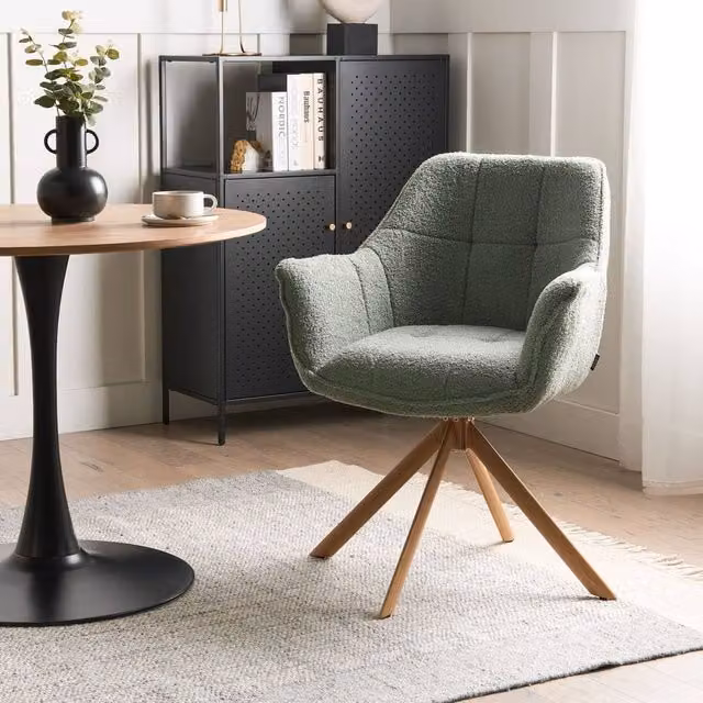 Wyld and Coco Nordic Nest Swivel Dining Chair in Light Green Bouclé Upholstery