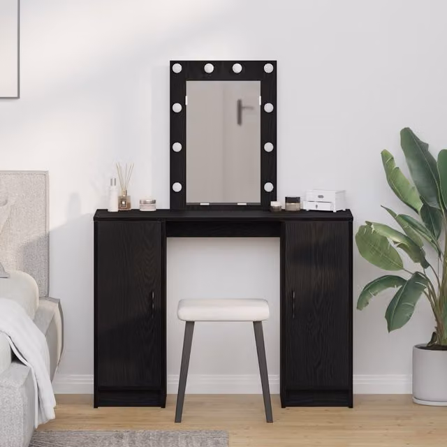 Berkfield Home Black Oak Dressing Table with Hollywood LED Lights, W/D/H: 102 x 33 x 135 cm
