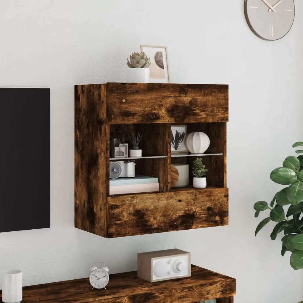 Berkfield Home Modern Wall Mounted TV Cabinet with LED Lights and Glass Doors in Smoked Oak Brown, W/D/H: 58.5 x 30 x 60.5 cm – 5
