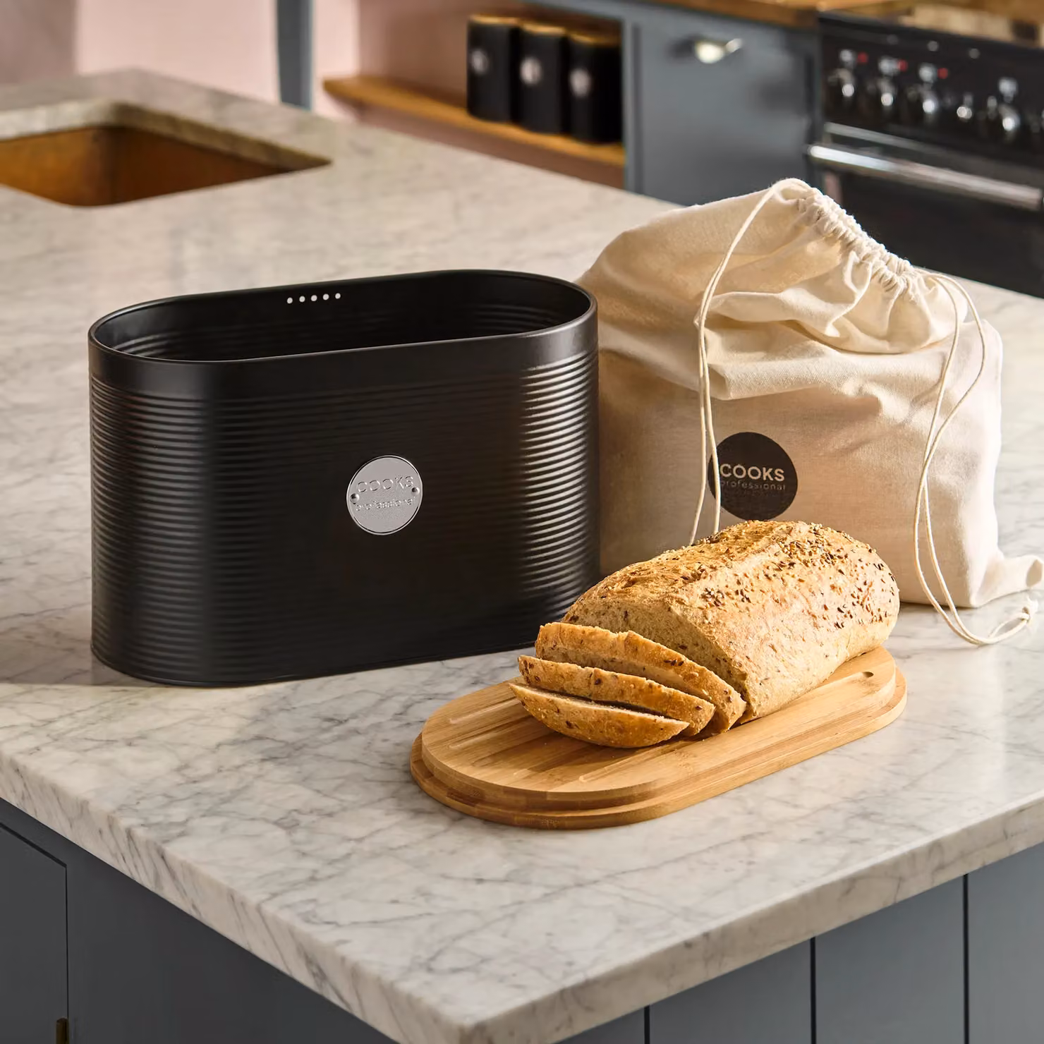 Cooks Professional Ribbed Bread Bin with Linen Bag and 2-in-1 Bamboo Cutting Board Lid in Black and Silver – 3