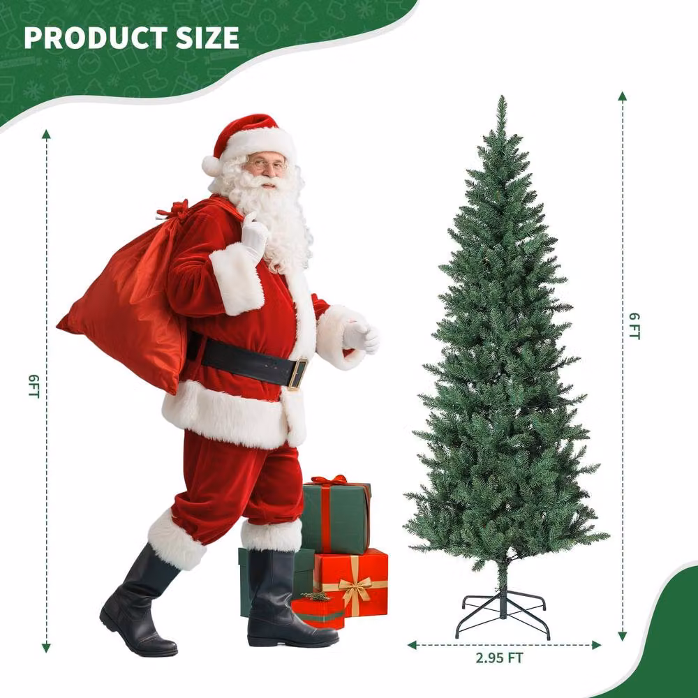 London Boutique 6ft Slim Pencil Artificial Christmas Tree with Warm White LED Lights in Green – 3