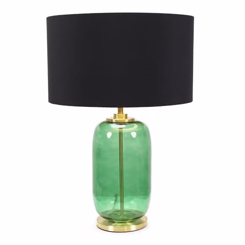 ValueLights Forest Green Glass Table Lamp with Gold Detail and Black Fabric Shade, Includes LED Bulb