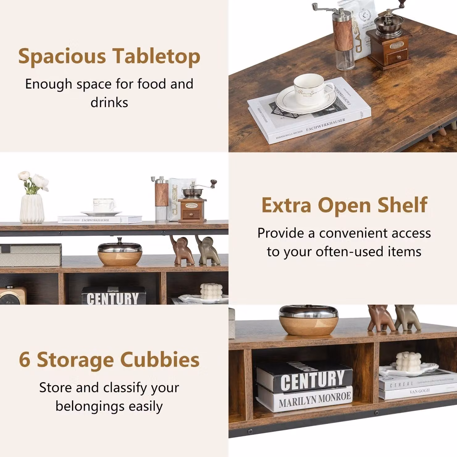 Costway Industrial Wooden Coffee Table with Storage Shelf in Brown – 5