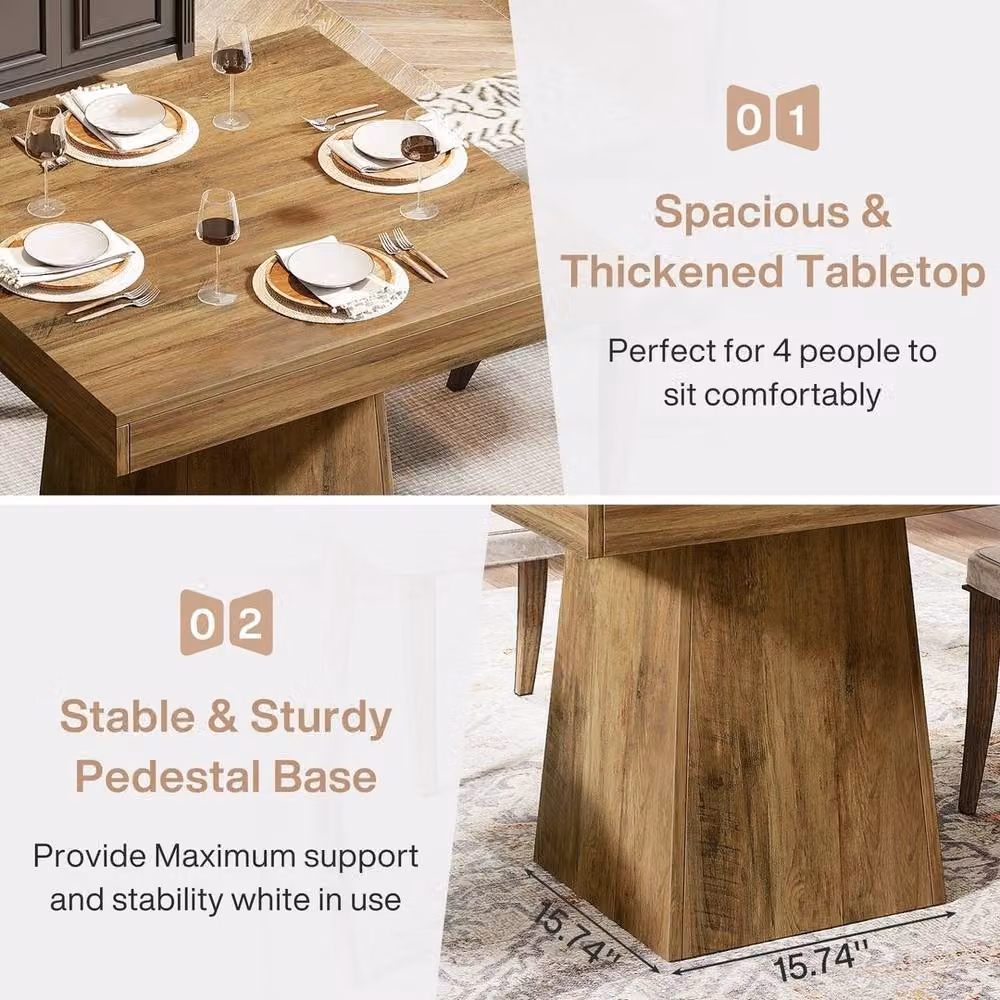 PAWNORA Rustic Brown Square Wood Dining Table with Central Pedestal, W/D/H: 80 x 80 x 75 cm – 3