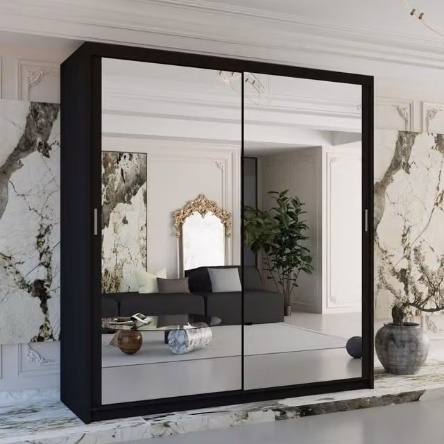 Sliding Wardrobes 4U Double Mirror Sliding Wardrobe with LED Light and Integrated Drawers, Black, W: 150 cm, D: 62 cm, H: 217 cm – 1