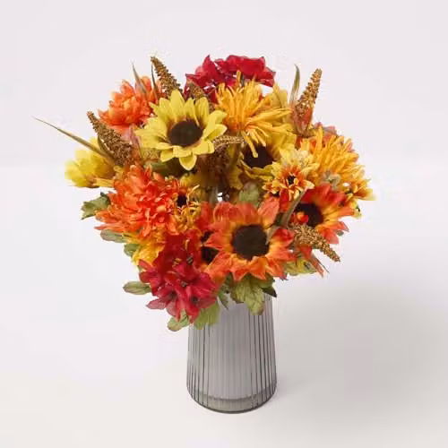 Homescapes Artificial Autumnal Flower Bunch, Set of 2 Mixed Yellow, Red and Orange Floral Arrangements – 1