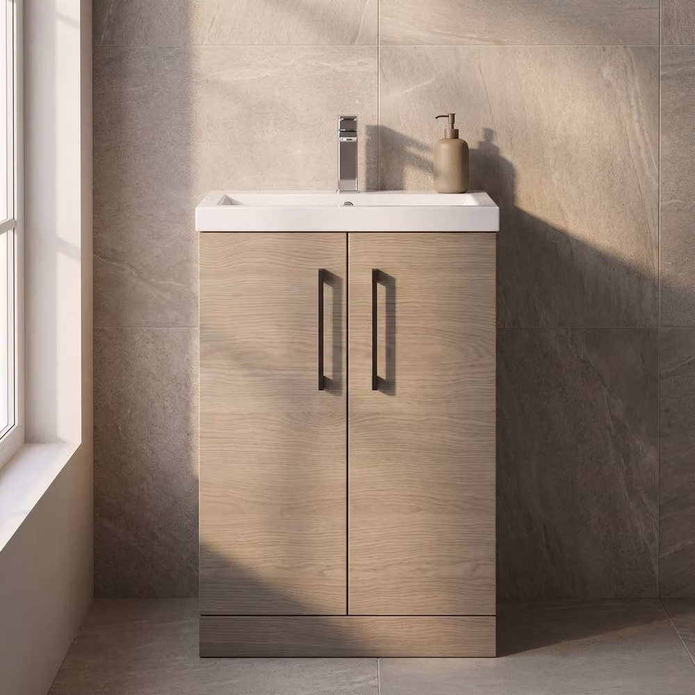 Balterley Modern Mid Oak Freestanding Bathroom Vanity Unit with Black Handles and Soft Close Doors, W: 60 cm – 3