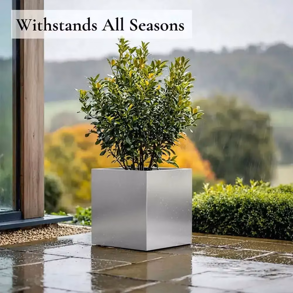 Woven Wood Silver Grey Square Galvanised Steel Planter, 40 x 40 x 40 cm – 3