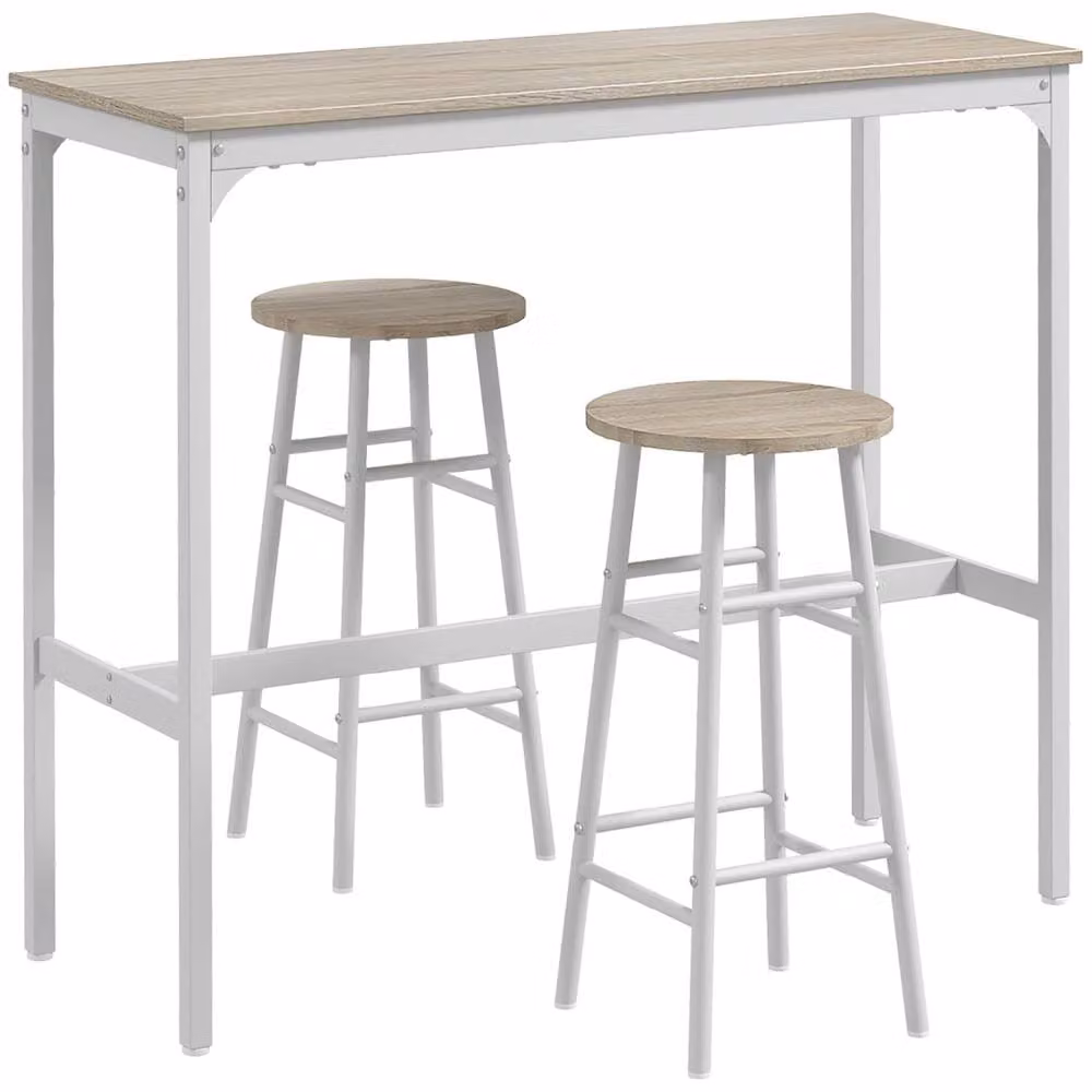 Wyld Haus Faro 3 Piece Industrial Bar Table and Stool Set with Oak Top in White – 2