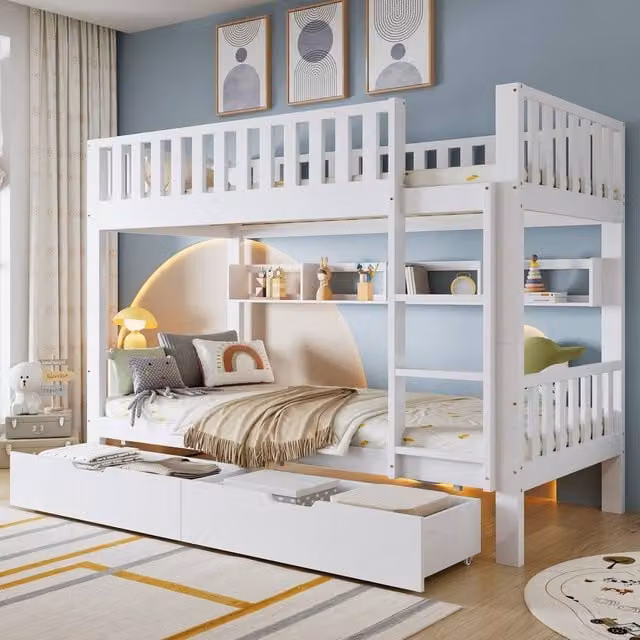 Rolipo White Solid Pine Kids Bunk Bed with Storage Drawers and Bedside Shelf, W/D/H: 90 x 190 cm – 1