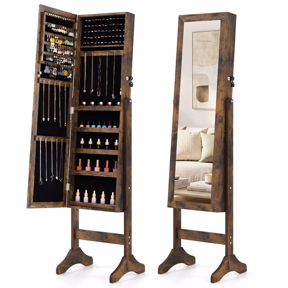 Costway Freestanding Jewelry Armoire Cabinet with Full Length Mirror in Brown – 4