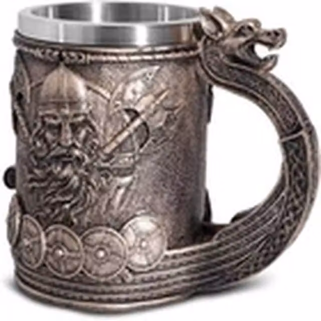 EONLION Stainless Steel Viking Thor Mjolnir Skull Tankard Cup, Brown and Grey, 550ml