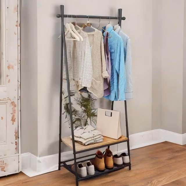 FURNOS Industrial Open Wardrobe Garment Rail with Storage Shelves in Brown and Black – 1
