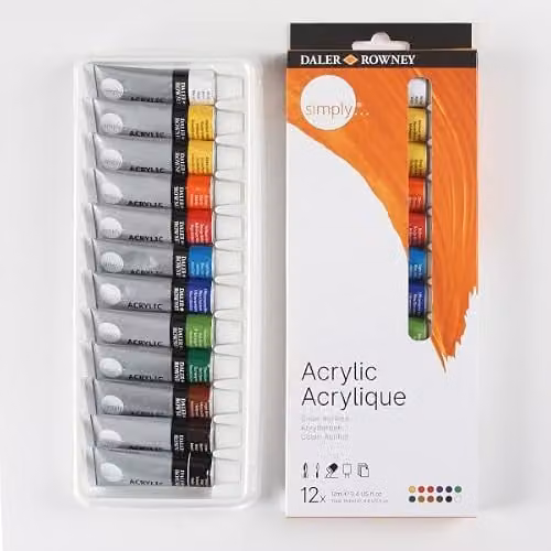 Daler-Rowney Simply Acrylic Paint Set, 12 Assorted Colours, 12 x 12ml – 2